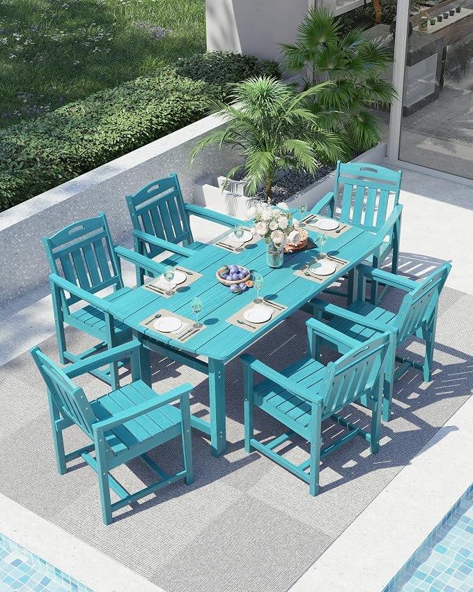 Ciokea HDPE Outdoor Dining Table with Umbrella Hole,66" Rectangle Patio Table for 6,All-Weather Outdoor Patio Furniture Set for Garden Backyard, Lake Blue