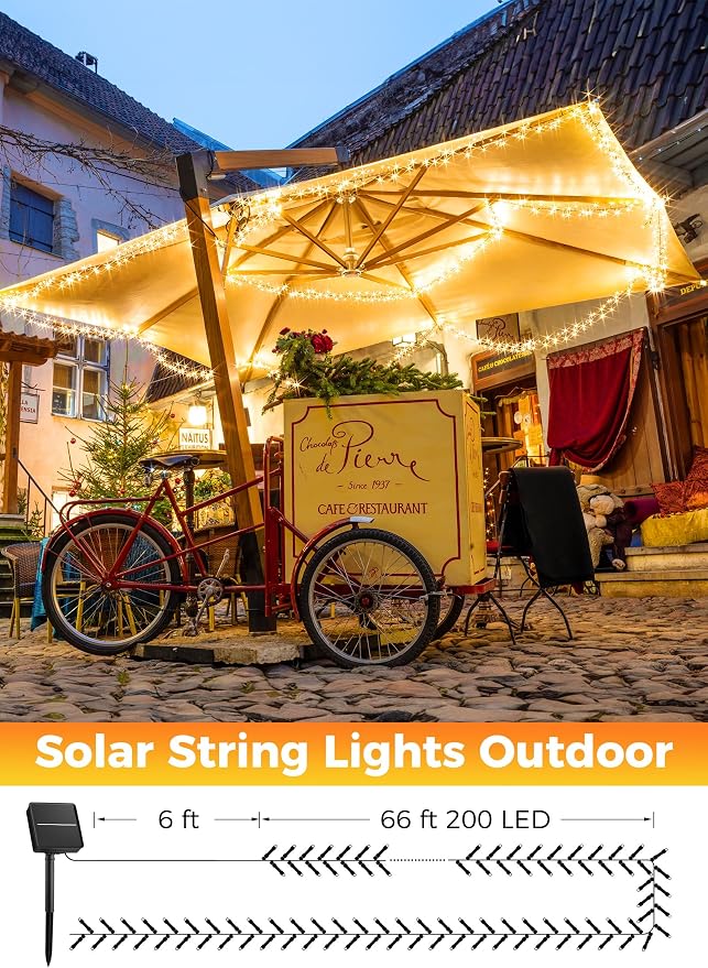 Solar String Lights Outdoor Waterproof, Extra Long 72FT 200 LED Patio Light | Solar Powered String Lights with 8 Lighting Modes,Christmas Solar Light for Outdoor Outside Tree Balcony Gazebo, Warm White