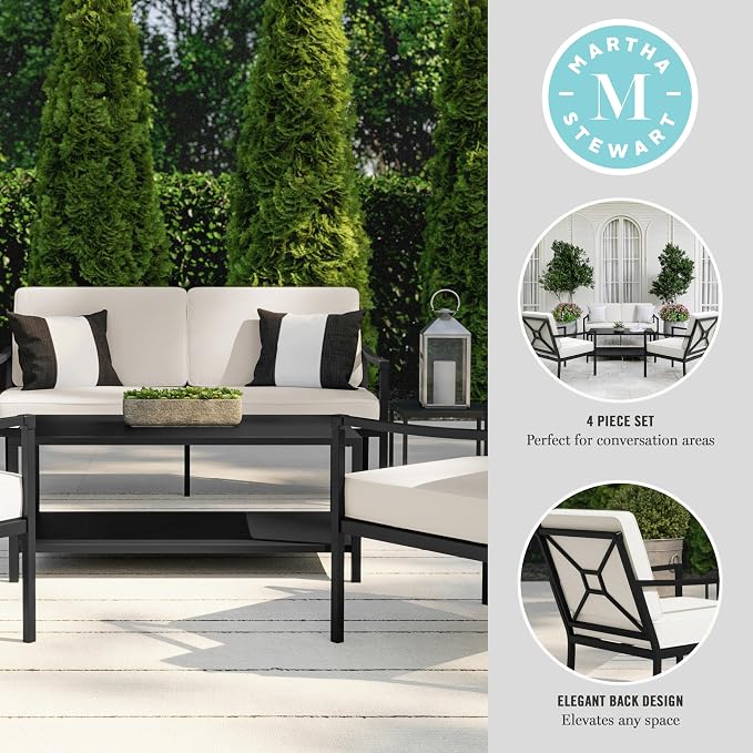 Martha Stewart Lily Pond 4-Piece All-Weather Conversation Set with Patio Loveseat, 2 Accent Chairs, and Coffee Table with Steel Frames in Black with Cream Cushions