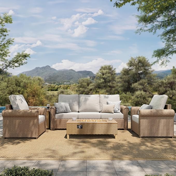HERA'S HOUSE Patio Furniture Set, 4 x Cushioned Chairs, 3-Seat Sofa with Wood Grain Coffee Table, 5 Seats Luxury Windsor Style All Weahter Outdoor Sofa Conversation Set for Deck Lawn Backyard