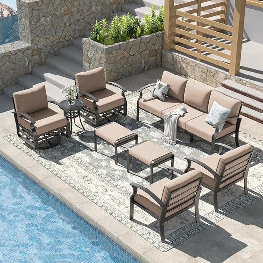 Kullavik Aluminum Patio Furniture Set,8 Piece Modern Metal Outdoor Patio Furniture w/5.1'' Thick Cushion,Swivel Chairs and Ottomans,Patio Conversation Sets for Porch,Deck,Sand