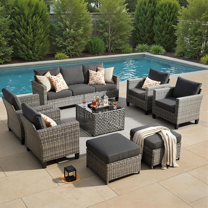 8 Piece Wicker Patio Furniture Set with Solar Table, Black | Outdoor Deep Seating Sofa Chair Ottoman, Solar Lights Table, All Weather Rattan, Modern Conversation Set, Porch Deck Backyard