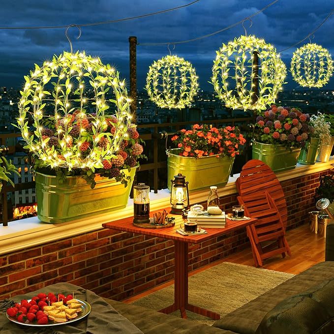 Joomer Solar Ball Lights Outdoor, 2Pack 13 & 11in Total 264 LED, Warm White | Solar Powered Hanging Globe Metal Sphere Lights, 8 Modes Waterproof with Hooks for Patio Garden Gazebo Decorative Tree Decor