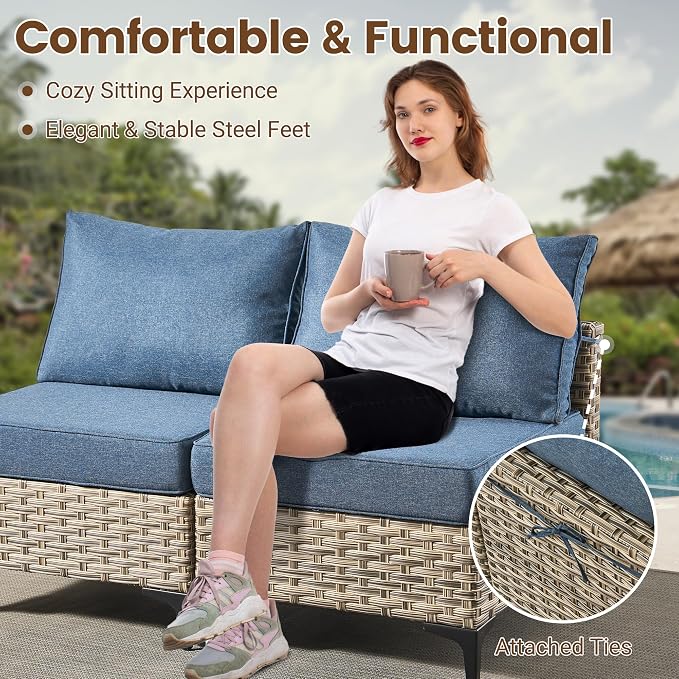 Outdoor Sectional Patio Furniture Set,9 Pieces All Weather Rattan Wicker Conversation Sets with Fire Pit,Out Door Furniture with Swivel Chairs Glowing Coffee Table,Denim Blue