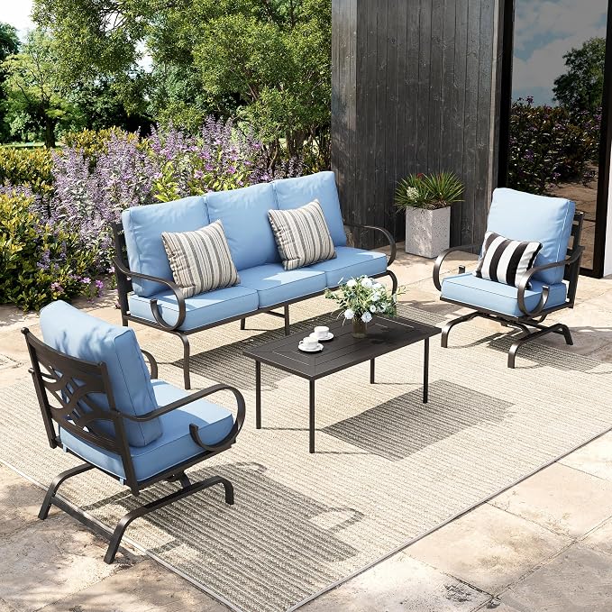 Sophia & William Patio Conversation Set for 5, 3-Seater Sofa, 2 Rocking Chairs and a Coffee Table, Metal Outdoor Furniture with 5.75" Extra Thick Cushions, Blue