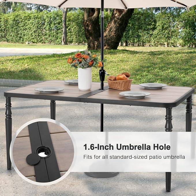 NUU GARDEN 7-Piece All-Weather Outdoor Dining Set with Umbrella Hole, Wood-Grain Table & 6 Patio Textilene Swivel Chairs Patio Outdoor Furniture for Porch, Backyard, Garden, Poolside and Deck