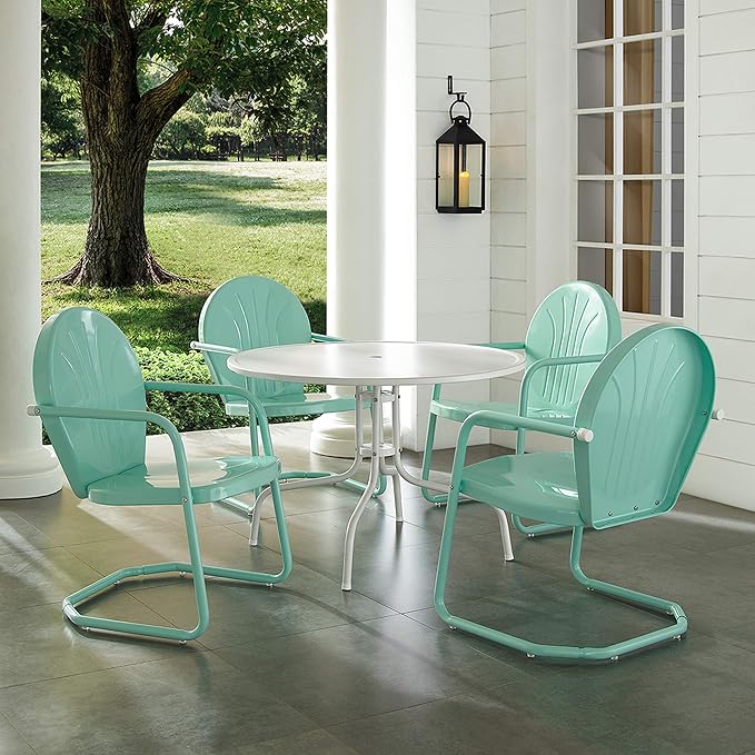 Crosley Furniture Griffith 5-Piece Outdoor Dining Set for 4, Retro Metal Round Patio Table and Chairs, White and Aqua