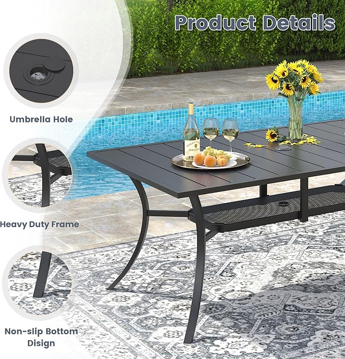 VICLLAX Rectangle Patio Dining Table for 6 Person, Outdoor Metal Steel Slat Table with Umbrella Hole for Patio, Lawn, Garden, Porch, Black