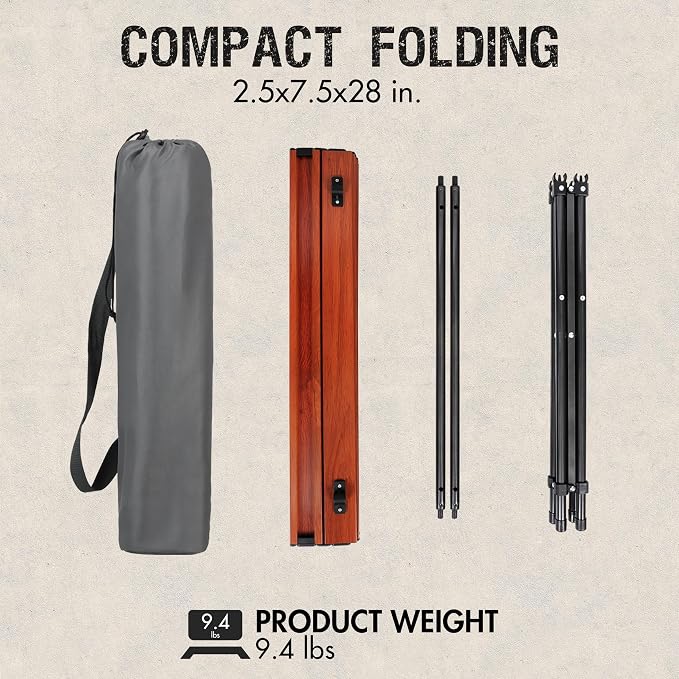 Portal Lightweight Aluminum Folding Square Table Roll Up Top 4 People Compact Table with Carry Bag for Camping, Picnic, Backyards, BBQ, Brown