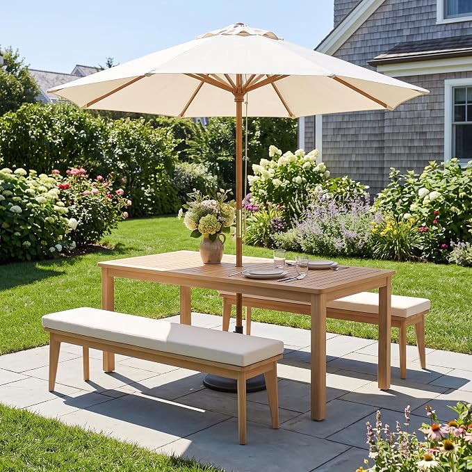 FansaFurn 3-Piece Acacia Patio Table and Chairs Set for All-Weather | Outside Furniture with Table Umbrella Hole and Removable Cushion, Backyard Furniture with Outdoor Bench for Garden Lawn