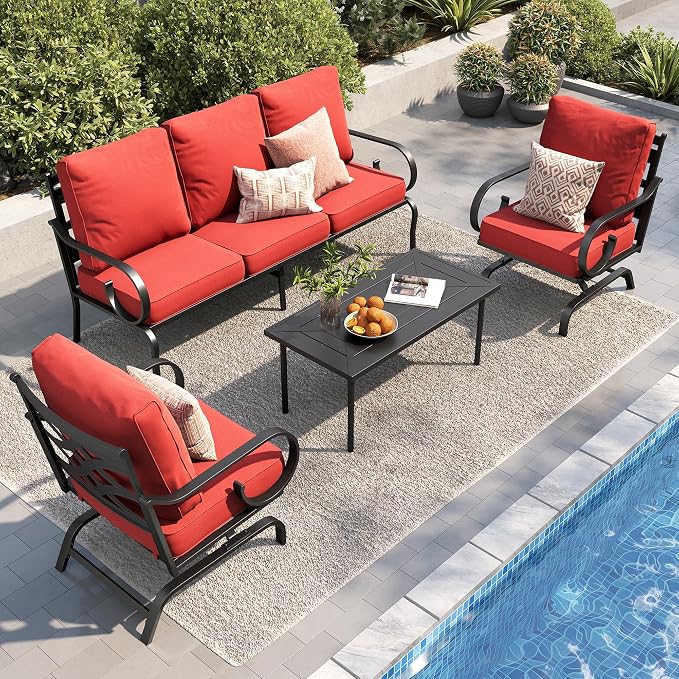 PHI VILLA Patio Furniture Set, 3-Seater Sofa, 2 Rocking Chairs and a Coffee Table, Outdoor Metal Conversation Set with 5.75" Extra Thick Cushion for Garden Backyard Deck, Red