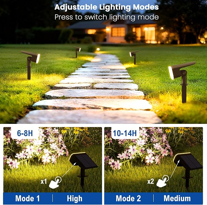 JEJOT Solar Lights Outdoor Waterproof IP65, Super Bright LED with Lens, 3000K 2 Lighting Modes, Solar Powered Yard Garden Solar Spot Lights for Outside Landscape Auto On/Off -2 Pack