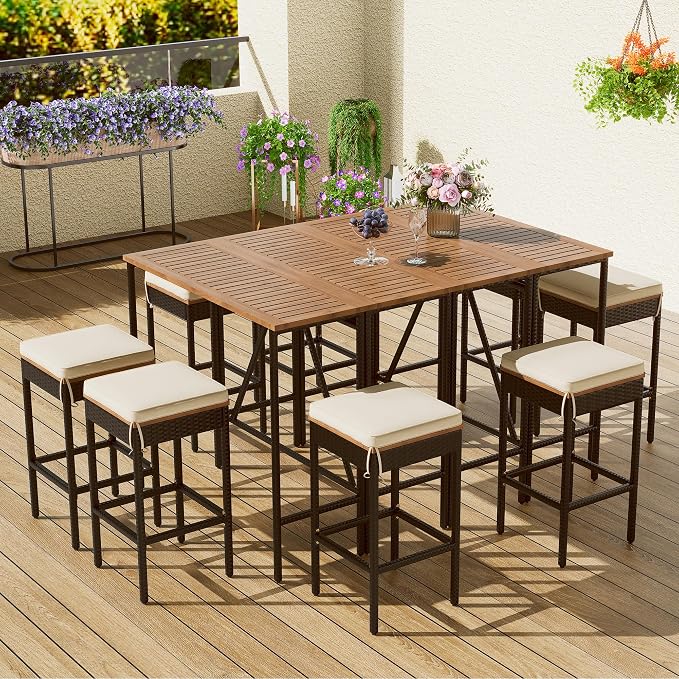 WILLIAMSPACE Patio Bar Table Set of 10, Outdoor Wood Height Bar Table & 8 Bar Stools with Cushions, PE Rattan Wicke Bar Table with Foldable Tabletop, Bistro Set for Backyards Porches (Brown)