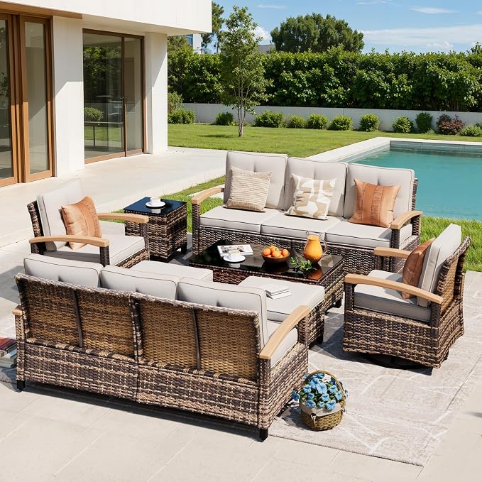 MEISSALIVVE 8 Pieces Patio Furniture Sets,Wicker Patio Conversation Sets with 2 Wood Armrests Swivel Glide Chairs, Outdoor Conversation Set for Deck Yard and Poolside (Beige)