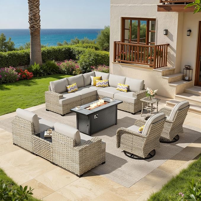 HOOOWOOO Sectional Patio Furniture Set with Fire Pit Table,12 Pieces Wicker Outdoor Furniture L Shaped Couch,Outside Conversation Set Extra Deep Seat Sofa Wide Arm Swivel Chairs Solar Light,Gray