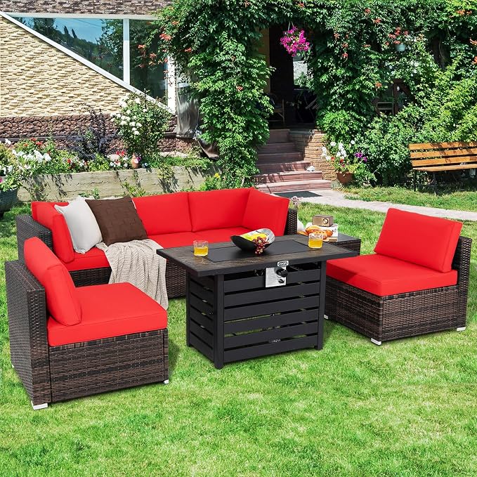 Tangkula 7-Piece Outdoor Patio Furniture Set with 42" Propane Fire Pit Table, Outdoor Wicker Conversation Set with Cushions and Tempered Glass Coffee Table, 50,000 BTU Gas Fire Pit Table (Red)