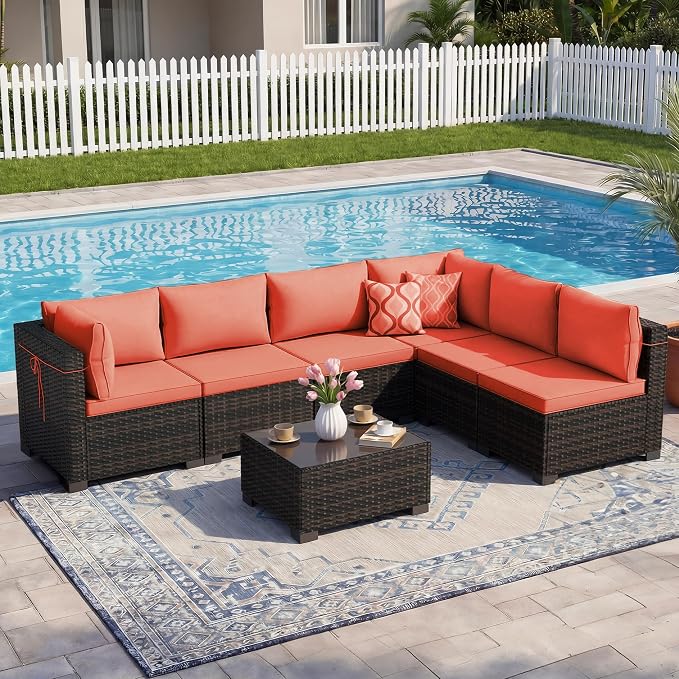 LEVELEVE 7-Piece Outdoor Patio Furniture Sets, Manual Weaving Rattan Conversation Sectional Sofa with Tempered Glass Coffee Table, All-Weather PE Wicker & Thick Cushions for Garden, Backyard, Porch