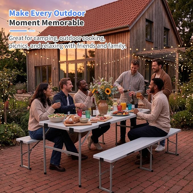 Polar Aurora Picnic Table Set with 2 Benches, 6 Feet Folding Camping Table Chair Set, Portable 3-Piece Outdoor Furniture with Wood Grain Top for Party, Picnic, Camping, Wedding (White)