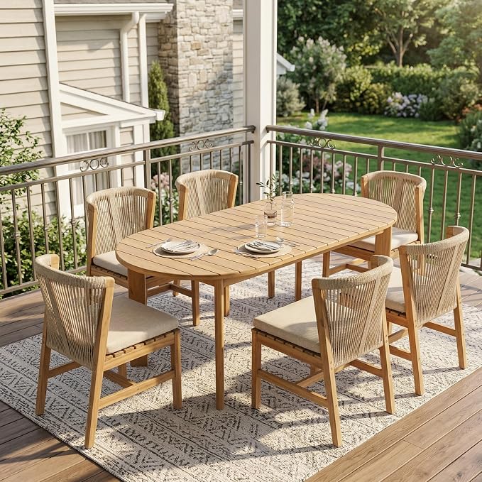 Christopher Knight Home Lisa 7 Piece Dining Table Set For 6, Outdoor Dining Set With Oval Patio Table And Armless Chairs, Acacia Wood Dining Chairs Set With Rope-Woven Backrests, Light Teak+Teak+Beige