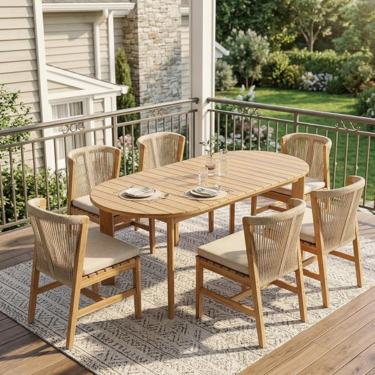 Christopher Knight Home Lisa 7 Piece Dining Table Set For 6, Outdoor Dining Set With Oval Patio Table And Armless Chairs, Acacia Wood Dining Chairs Set With Rope-Woven Backrests, Light Teak+Teak+Beige