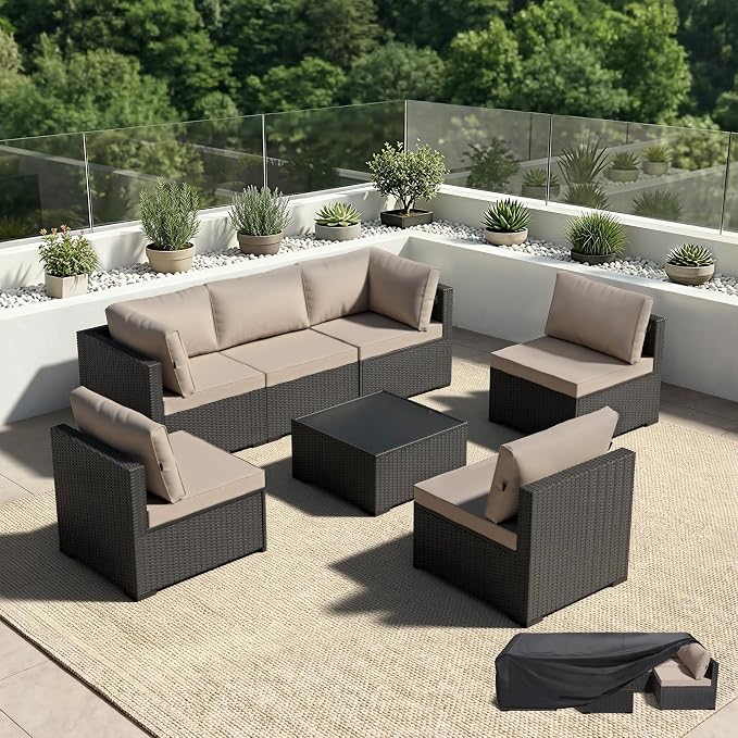 Patio Furniture Set - All-Weather - 7 Piece Patio Outdoor Conversation Set, Modular Wicker Rattan Sectional Sofa for Backyard, Garden, Poolside, Balcony, Porch, Patio,Black/Khaki