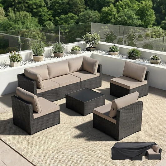 Patio Furniture Set - All-Weather - 7 Piece Patio Outdoor Conversation Set, Modular Wicker Rattan Sectional Sofa for Backyard, Garden, Poolside, Balcony, Porch, Patio,Black/Khaki