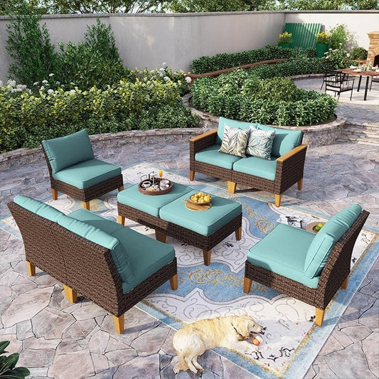 Sophia & William Oversized Patio Furniture Set, 8 Piece Outdoor Wicker Conversation Set Rattan Sectional Sofa, 2 Corner Sofa, 4 Armless Sofa, 2 Ottoman for Backyard, Deck, Pool(Aqua Blue)