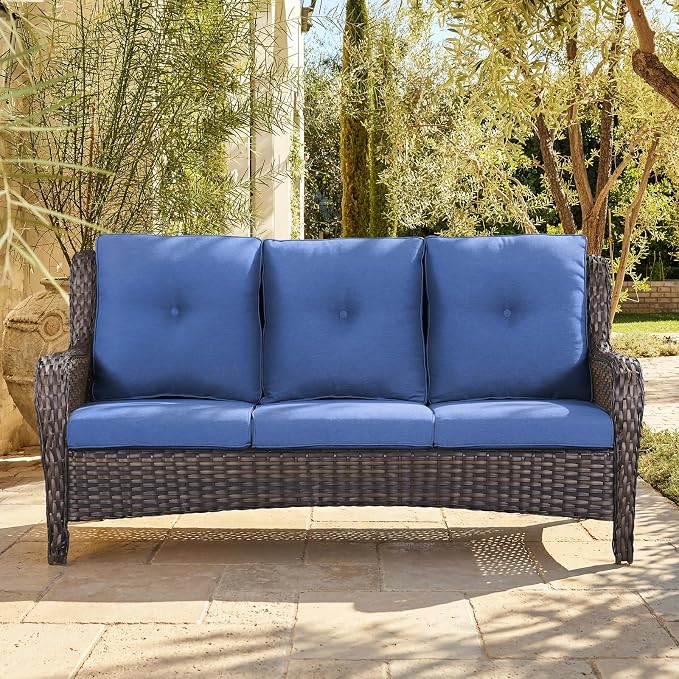 Belord Patio Sofa Luxury PE Wicker 3-Seater Outdoor Couch, Modern All-Weather High Back Deep Seat Woven Furniture Set for Porch, Deck, Balcony, Backyard - Brown/Blue