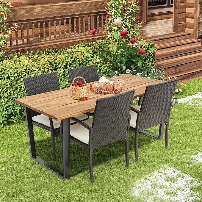 Tangkula 5 Piece Patio Rattan Dining Set, Outdoor Wicker Chair & Dining Table Set, Acacia Wood Tabletop w/Umbrella Hole, Seat Cushions Included, Space-Saving Design, Backyard