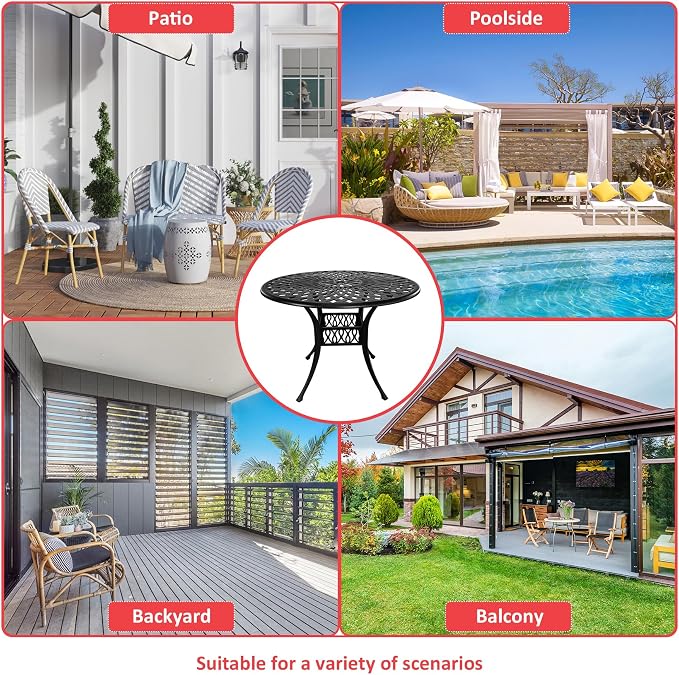 42“ Round Outdoor Table, All Weather Patio Table with Umbrella Hole, Cast Aluminum Bistro Table for Outside (Black)