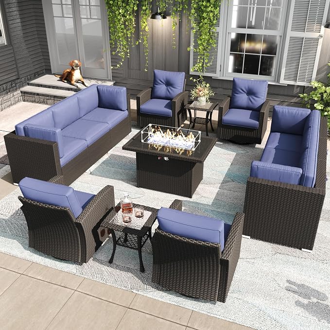 LayinSun 13 Pieces Patio Furniture Set with Fire Pit Table, Black Rattan Modular Sectional Outdoor Conversation Sofa Set, Swivel Rocking Chairs Set