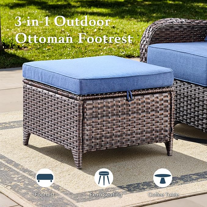 Belord Luxury 6" Thick Cushioned 5 Pieces Patio Furniture Set with 2 Ottomans, Wicker Outdoor Conversation Set with High Back Swivel Rocker Patio Chairs for Deck Porch Yard and Poolside - Brown+Blue