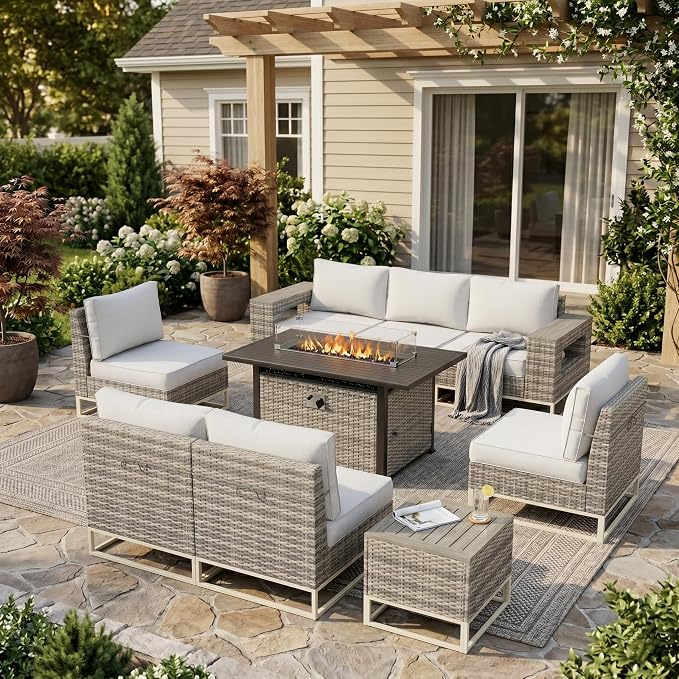 Outdoor Patio Furniture Set 9-Piece PE Rattan Wicker Outdoor Sectional Sofa with 5,000 BTU Fire Pit Table, Modern Modular L-Shaped Conversation Set with Thickened Cushions and Chunky Arms, White