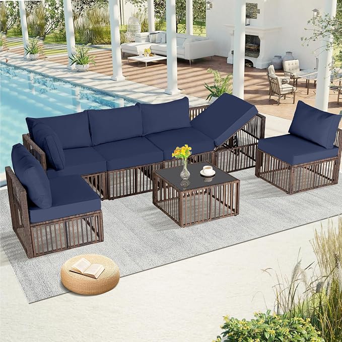 FHFO 7 Piece Outdoor Wicker Patio Furniture Set, Brown/Blue | Sectional Sofa | All-Weather Hand-Woven Rattan | Tempered Glass Coffee Table | Adjustable Backrest | Indoor & Outdoor Use