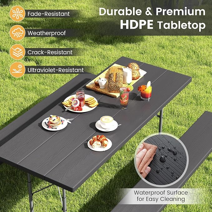 Giantex Folding Picnic Table - 6 FT Outdoor Table Bench Set for 8 Persons w/All-Weather HDPE Tabletop, Metal Leg, Umbrella Hole, Large Outside Dining Table for Patio Garden Yard Poolside (Black)