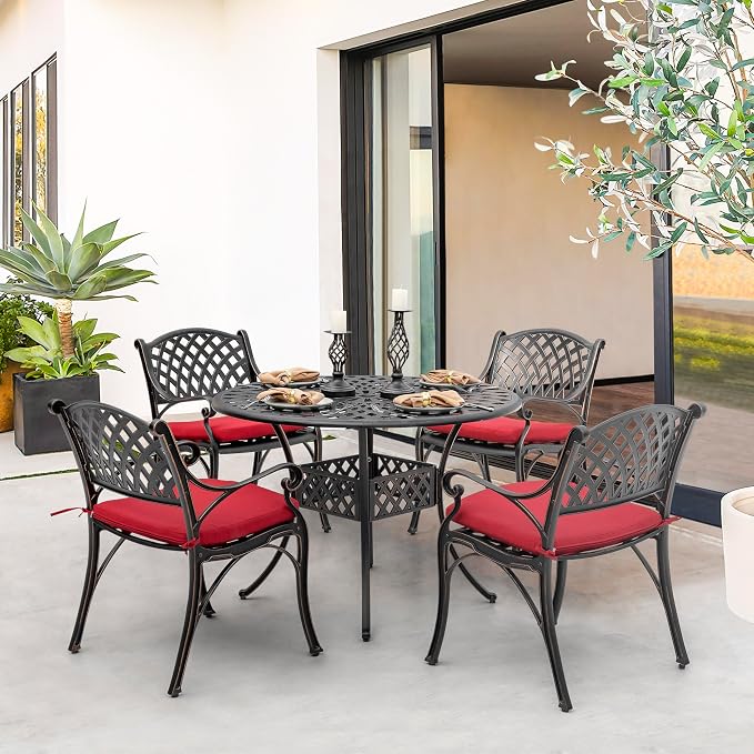 NUU GARDEN 5 Piece Patio Dining Set, Cast Aluminum Outdoor Dining Sets with Red Cushions, Round Patio Dining Table with Umbrella Hole for Garden, Backyard, Balcony, Black with Bronze Edge