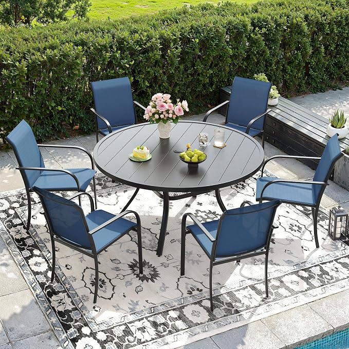DIFY 47.2" Outdoor Dining Table for 6, Metal Slat Round Patio Table with 1.57" Umbrella Hole, Black Round Patio Dining Table for Garden Backyard Porch