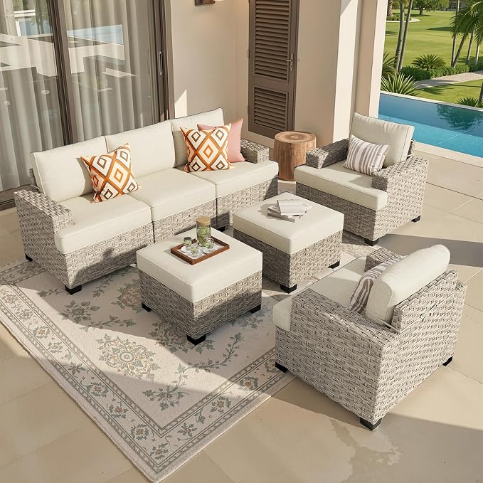 Weaxty 7 Pieces Outdoor Furniture Set, Patio Sectional Sofa Wide Seats Couch Chair with Ottoman, Thick Cushion All-Weather Rattan Patio Conversation Sets for Backyard Porch Balcony, Beige