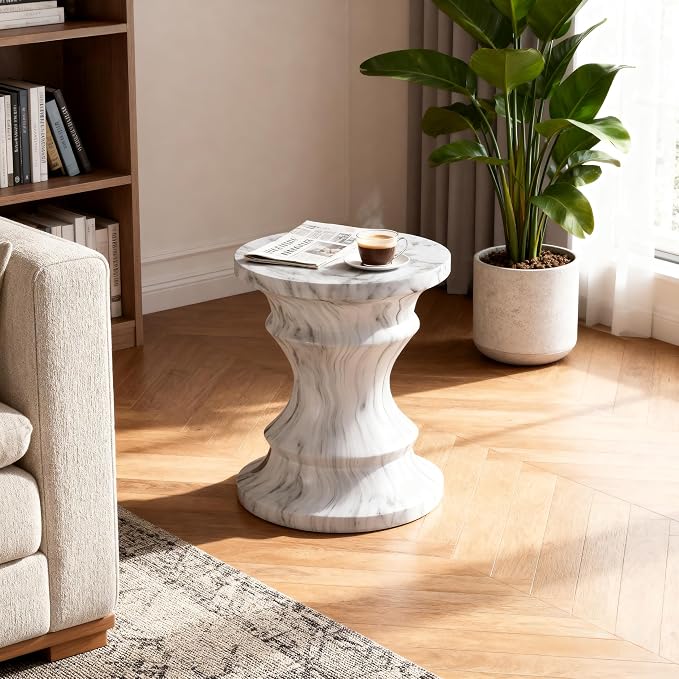 15.35" Cement End Tables for Patio,Round Side Faux Terrazzo Accent Table | Modern Small Tree Stump Garden Stool Drum Indoor and Outdoor,Light Grey