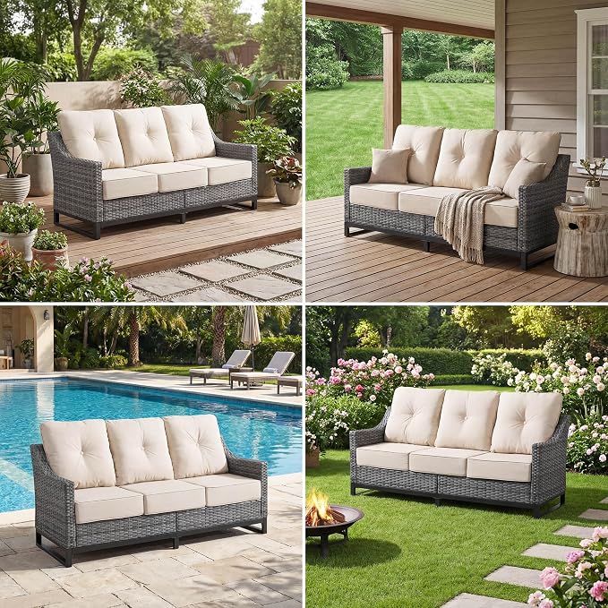 13 Piece Patio Furniture Set with 6" Thick Cushions, Weather-Resistant Wicker Swivel Rocker High Back Chairs and Fire Pit Table for Porch Yard Deck