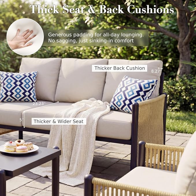 Aluminum Patio Furniture Set, 7 Seats Outdoor Patio Furniture with Coffee Table, Outdoor Wicker Conversation Sets with Cushion for Backyard, Balcony,Porch,Light Grey