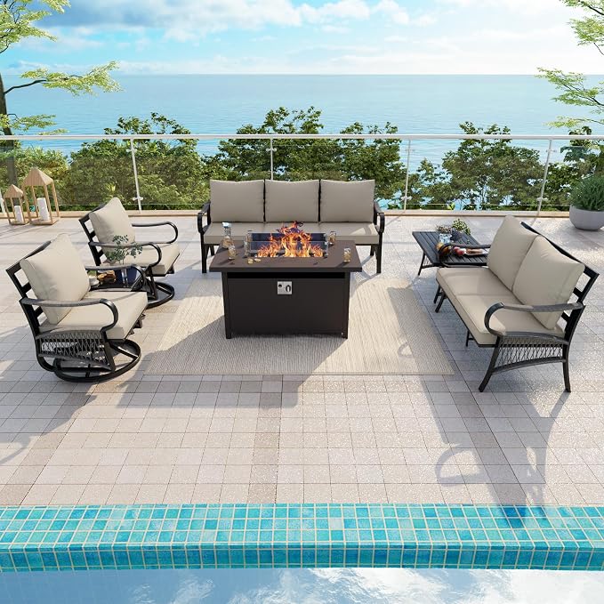 7-Piece Outdoor Furniture Set, Metal Swivel Rocking Chairs with All-Weather Cushions, Patio Conversation Set with Fire Pit Table for Deck, Porch, Garden, Backyard, Poolside (Beige Cushions)