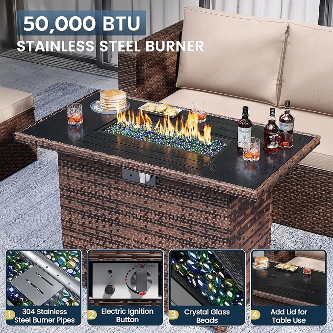 Amopatio Patio Furniture Set with Fire Pit Table, All-Weather Wicker Outdoor Conversation Sofa Set with Glass Coffee Table, Cushions & Ottomans for Deck Backyard Porch Lawn Brown/Khaki