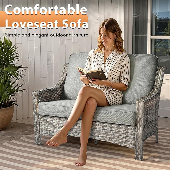 6 PCS Outdoor Patio Furniture Sets,Patio Conversation Sets Outside Rattan Soft Cushion Sofa with 2 Wicker Rocking Chairs & 54 in Fire Pit Table Fit Backyard Porch Garden Poolside Balcony,Light Grey