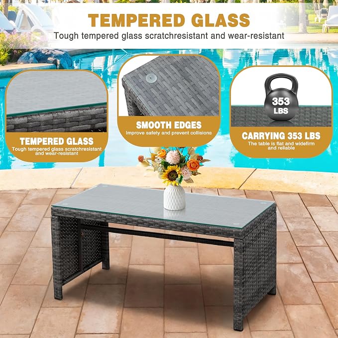 SUNLEI 4 Pcs Patio Ratten Set, Outdoor Furniture Set Wicker Conversation Set with Cushions and Tempered Glass Tabletop Outdoor Patio Furniture Sets (Dark Blue)