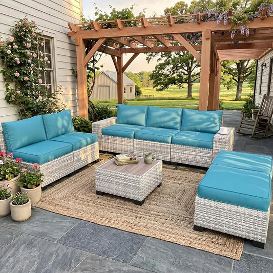 8-Piece Outdoor Patio Furniture Set Wicker Rattan Sectional Sofa Set with Ottomans, Patio Conversation Set with Thickened Cushions & Coffee Table for Backyard, Turquoise