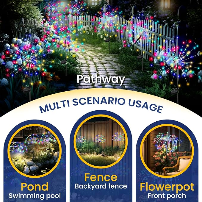 GIGALUMI 8 Pack Solar Firework Lights Outdoor, Garden Decor, Multicolored | 120 LEDs, Fairy Design, Waterproof, Garden Decor, Solar Powered for Yard, Pathway, Flowerbed, Planter, Balcony, Gifts for Mom