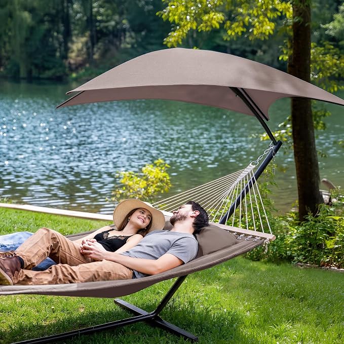 SUNCREAT Portable Outdoor Hammock with Stand, Canopy, Double Hammock with Stand for Outside, Patent Pending, Brown