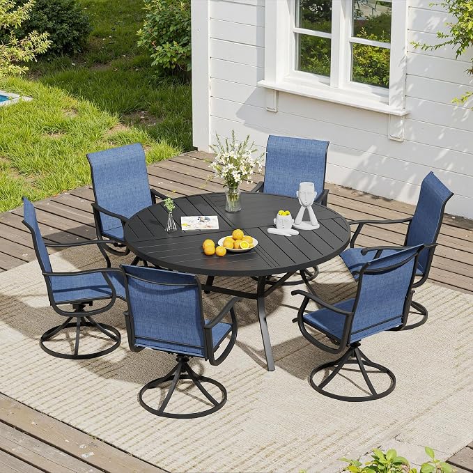 VICLLAX 7 Pieces Patio Dining Set, Patio Furniture Set of 6 Patio Swivel Dining Chairs and 50" Patio Spliced Round Tabletop, Navy Blue Chairs & Black Tabletop