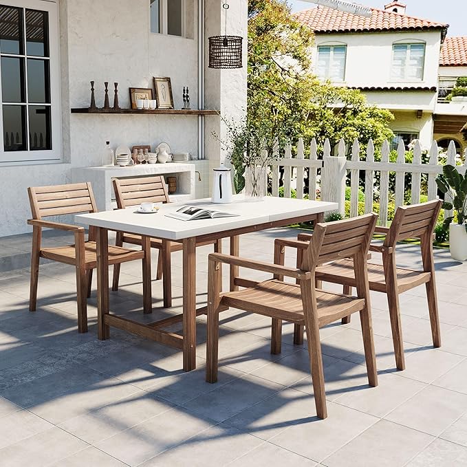 5 Pieces Outdoor Acacia Wood Dining Table Set for 4 with 59" Rectangular Table with Umbrella Hole and 4 Chairs, Modern Patio Dinner Set for Backyard, Garden, Poolside or Indoor, White Natural